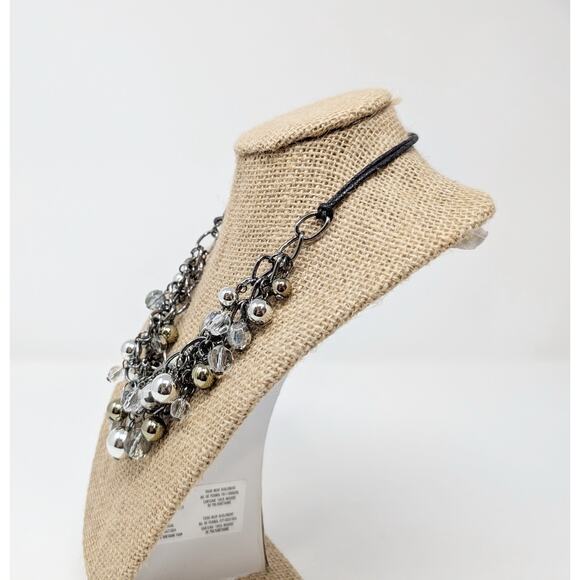 Silver Tone Necklace Beaded Statement Layered Multi-Strand Chunky Cluster - Picture 4 of 5